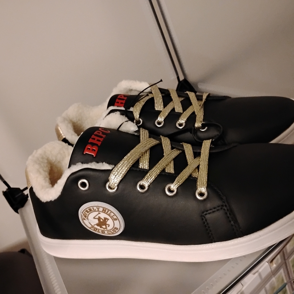 New Lace Up Women Black Sneakers with Gold Laces Size 11